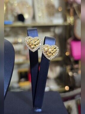 Gold Plated Heart Stud Earrings with Crystal Halo - Women Jewelry